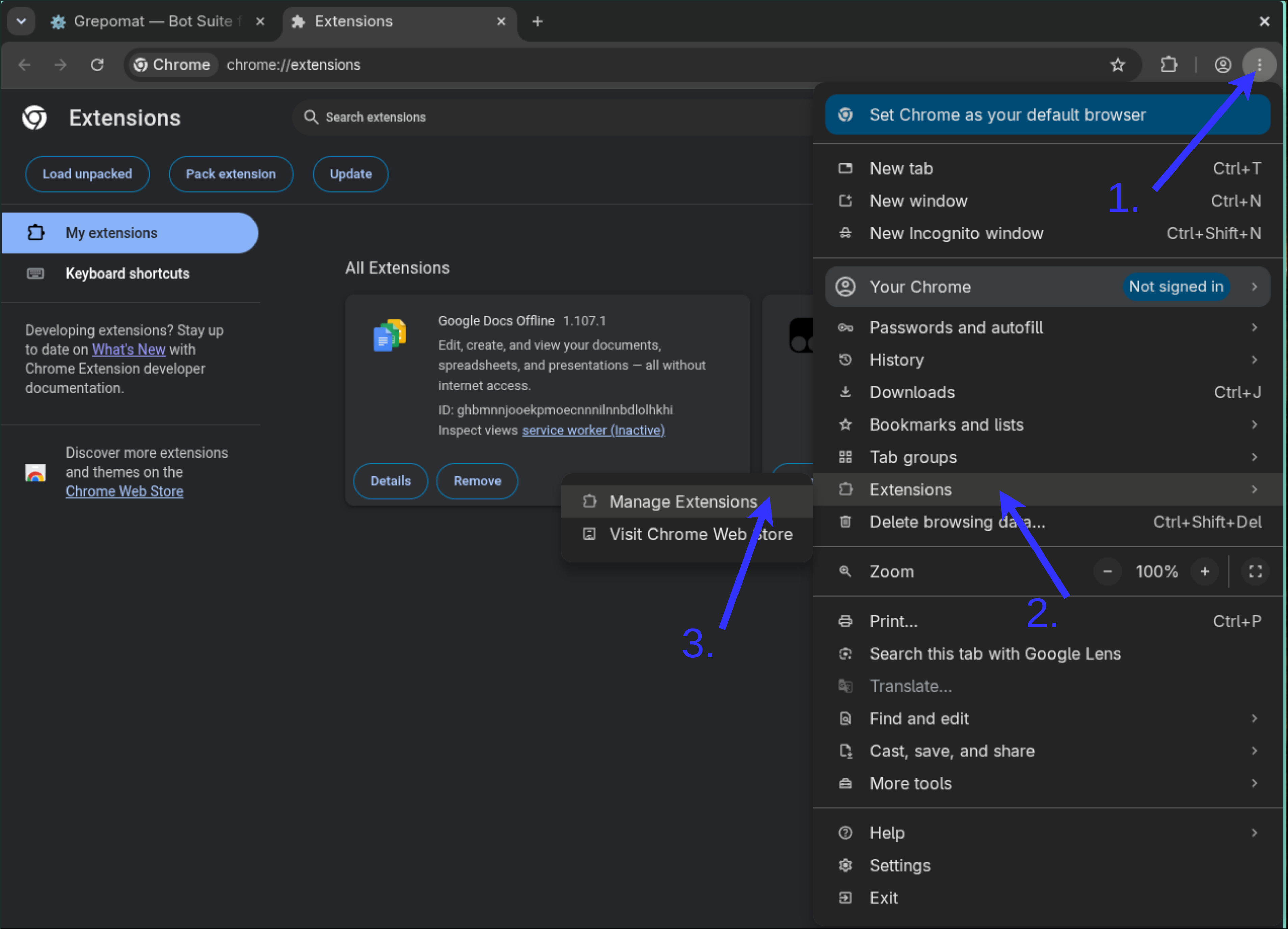 Open Developer mode in Chrome Extensions